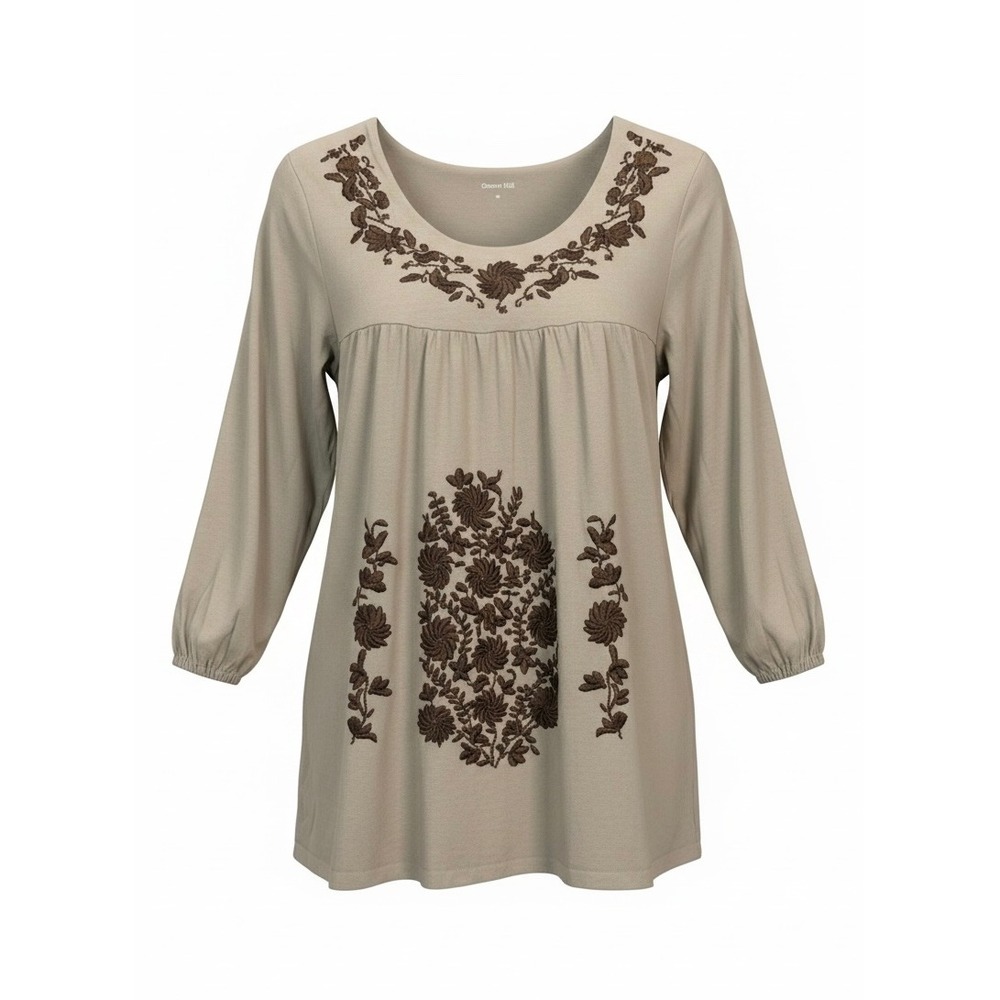 Garnet Hill Tunic Top Babydoll Tan Brown Floral Embroidered XS Cotton Modal SPOT